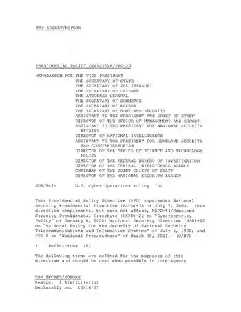 Presidential Policy Directive – PPD 20 Signed By Barack Obama Relating to Cyberwarfare