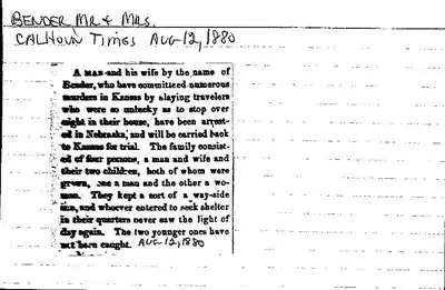 Newspaper clipping about the Bender family published August 12, 1880