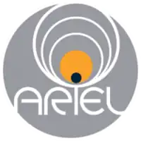 A grey opaque circle with the word "ARIEL" written in white across the circle's bottom half. A series of concentric circles close in on the black-colored dot in the "I", with the last circle colored yellow, representing an exoplanet transiting in front of a star.