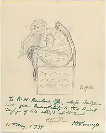H. P. Lovecraft's drawing of Cthulhu, seated, facing left