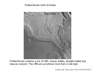 Fretted terrain in Deuteronilus Mensae and Ismenius Lacus quadrangle showing flat floored valleys and cliffs. Photo taken with Mars Orbiter Camera (MOC)on the Mars Global Surveyor.