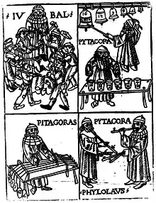 Woodcut showing four scenes. In the upper right scene, blacksmiths are pounding with hammers. In the upper left scene, a man labelled "Pitagora" is shown playing different-sized bells and glasses with different amounts of liquid in them. Both the bells and glasses are labelled. In the bottom left scene, "Pitagora" is striking chords of different length laid out across a table, once again, all of which have numbers labels. In the bottom right scene, "Pitagora" and another man labelled "Phylolavs" are shown playing auloi.