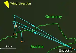 Reconstructed trajectories of individual fragments which were distorted by the wind.