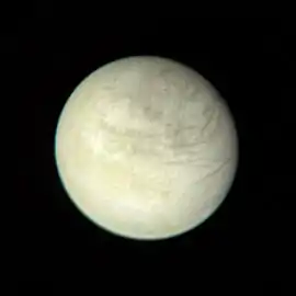 Europa as seen from Voyager 1 at a distance of 2.8&nbsp;million km