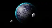 Illustration of a hypothetical oceanic planet with an atmosphere similar to Earth's and two satellites.