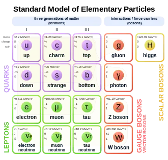 A four-by-four table of particles. Columns are three generations of matter (fermions) and one of forces (bosons). In the first three columns, two rows contain quarks and two leptons. The top two rows' columns contain up (u) and down (d) quarks, charm (c) and strange (s) quarks, top (t) and bottom (b) quarks, and photon (γ) and gluon (g), respectively. The bottom two rows' columns contain electron neutrino (ν sub e) and electron (e), muon neutrino (ν sub μ) and muon (μ), and tau neutrino (ν sub τ) and tau (τ), and Z sup 0 and W sup ± weak force. Mass, charge, and spin are listed for each particle.
