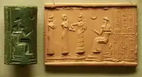 Sumerian cylinder seal and impression, dated c. 2100 BC, of Ḫašḫamer, ensi (governor) of Iškun-Sin c. 2100 BC. The seated figure is probably king Ur-Nammu, bestowing the governorship on Ḫašḫamer, who is led before him by Lamma (protective goddess)..mw-parser-output cite.citation{font-style:inherit;word-wrap:break-word}.mw-parser-output .citation q{quotes:"\"""\"""'""'"}.mw-parser-output .citation:target{background-color:rgba(0,127,255,0.133)}.mw-parser-output .id-lock-free a,.mw-parser-output .citation .cs1-lock-free a{background:url("//upload.wikimedia.org/wikipedia/commons/6/65/Lock-green.svg")right 0.1em center/9px no-repeat}.mw-parser-output .id-lock-limited a,.mw-parser-output .id-lock-registration a,.mw-parser-output .citation .cs1-lock-limited a,.mw-parser-output .citation .cs1-lock-registration a{background:url("//upload.wikimedia.org/wikipedia/commons/d/d6/Lock-gray-alt-2.svg")right 0.1em center/9px no-repeat}.mw-parser-output .id-lock-subscription a,.mw-parser-output .citation .cs1-lock-subscription a{background:url("//upload.wikimedia.org/wikipedia/commons/a/aa/Lock-red-alt-2.svg")right 0.1em center/9px no-repeat}.mw-parser-output .cs1-ws-icon a{background:url("//upload.wikimedia.org/wikipedia/commons/4/4c/Wikisource-logo.svg")right 0.1em center/12px no-repeat}.mw-parser-output .cs1-code{color:inherit;background:inherit;border:none;padding:inherit}.mw-parser-output .cs1-hidden-error{display:none;color:#d33}.mw-parser-output .cs1-visible-error{color:#d33}.mw-parser-output .cs1-maint{display:none;color:#3a3;margin-left:0.3em}.mw-parser-output .cs1-format{font-size:95%}.mw-parser-output .cs1-kern-left{padding-left:0.2em}.mw-parser-output .cs1-kern-right{padding-right:0.2em}.mw-parser-output .citation .mw-selflink{font-weight:inherit}"Cylinder vase". Collections Search – Museum of Fine Arts, Boston. 20 May 1987. Archived from the original on 11 November 2021. Retrieved 11 November 2021.