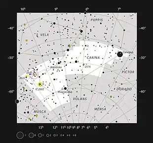 A chart of the constellation of Carinae with a white background. Eta Carinae is circled in red on the left side.