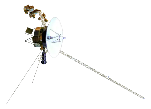 Model of the Voyager spacecraft, a small-bodied spacecraft with a large, central dish and many arms and antennas extending from it
