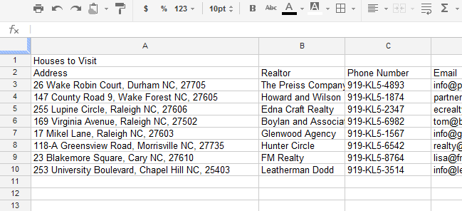 Screenshot of Google Spreadsheets