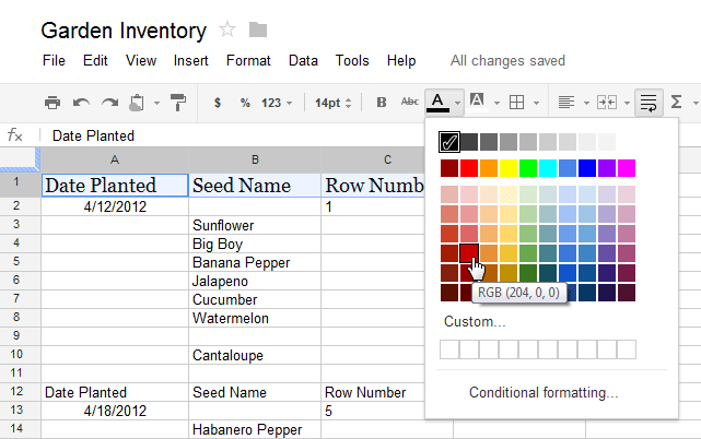 Screenshot of Google Spreadsheets