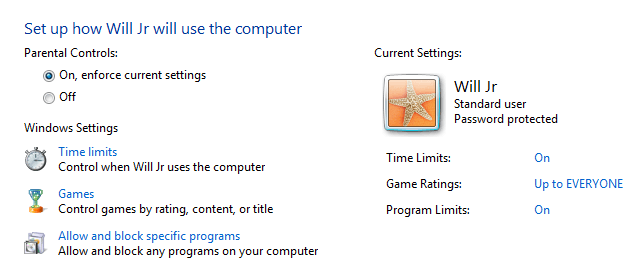 Parental controls in Windows 7