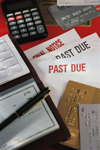 overdue bills, checkbook, credit cards