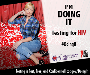 Actress Jaime Pressly wearing blue plaid shirt and jeans sitting on red velvet couch looking directly into the camera. We’re Doing It. Testing for HIV. Testing is Fast, Free & Confidential. cdc.gov/DoingIt #DoingIt The Elizabeth Taylor Foundation, Act Against AIDS