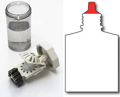 on the left, a hydrogen peroxide contact lens storage case. On the right, a red-tipped bottle indicates that cleaning solution is not meant to be put into the eyes.