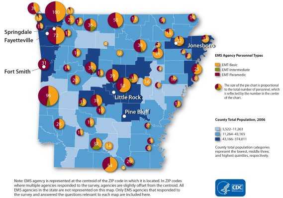 This map shows the distribution of EMS personnel by agency. Each agency is represented by a pie chart which reflects the total number of personnel and the slices represent the proportion of all personnel that are EMT-Basic (range:0-82), EMT-Intermediate (range: 0-8) or EMT-Paramedic (range:0-60). Pie charts are overlaid on county-level population size. In general, the spatial distribution of the agencies shows a random pattern, but the total number of personnel by agency (range: 0-100) appears to vary slightly by location and county population size. Note: EMS agency is represented at the centroid of the zip code in which it is located. In zip codes where multiple agencies responded to the survey, agencies are slightly offset from the centroid. All EMS agencies in the state are not represented in this map. Only EMS agencies that responded to the survey and answered the questions relevant to each map are included here.