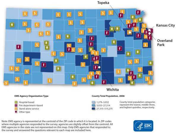 This map shows the distribution of organizational type by EMS agency. Each agency is represented by a point that reflects type of EMS agency organization: fire department-based (n=26), hospital-based (n=21), stand-alone (n=60) or other type (n=0). Points are overlaid on county-level population size. In general, the spatial distribution of agencies by organization type shows a random pattern. Note: EMS agency is represented at the centroid of the zip code in which it is located. In zip codes where multiple agencies responded to the survey, agencies are slightly offset from the centroid. All EMS agencies in the state are not represented in this map. Only EMS agencies that responded to the survey and answered the questions relevant to each map are included here.