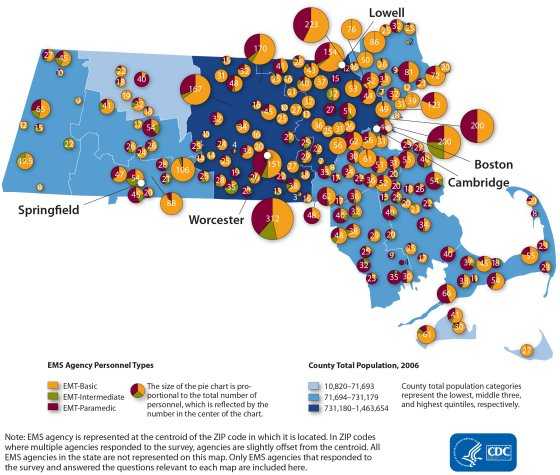 This map shows the distribution of EMS personnel by agency. Each agency is represented by a pie chart which reflects the total number of personnel and the slices represent the proportion of all personnel that are EMT-Basic (range: 0-146), EMT-Intermediate (range: 0-50) or EMT-Paramedic (range: 0-120). In general, both the proportion of personnel type and the total number of agency personnel appear to vary by location and county population size. Note: EMS agency is represented at the centroid of the zip code in which it is located. In zip codes where multiple agencies responded to the survey, agencies are slightly offset from the centroid. All EMS agencies in the state are not represented in this map. Only EMS agencies that responded to the survey and answered the questions relevant to each map are included here.