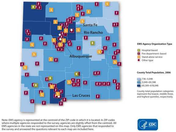 This map shows the distribution of organizational type by EMS agency. Each agency is represented by a point that reflects type of EMS agency organization: fire department-based (n=79), hospital-based (n=5), stand-alone (n=27) or other type (n=1). The points are overlaid on county population size. In general, the spatial distribution of agencies by organization type shows a random pattern. Note: EMS agency is represented at the centroid of the zip code in which it is located. In zip codes where multiple agencies responded to the survey, agencies are slightly offset from the centroid. All EMS agencies in the state are not represented in this map. Only EMS agencies that responded to the survey and answered the questions relevant to each map are included here.