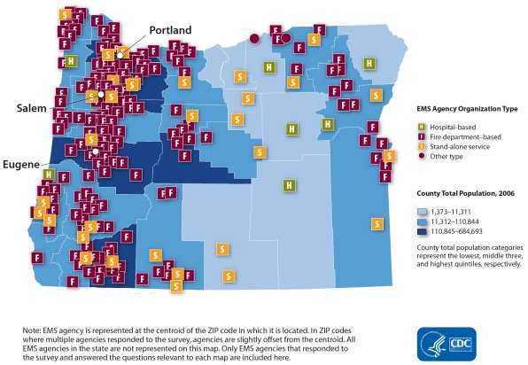 This map shows the distribution of organizational type by EMS agency. Each agency is represented by a point that reflects type of EMS agency organization: fire department-based (n=167), hospital-based (n=7), stand-alone (n=28) or other type (n=2). Points are overlaid on county-level population size. In general, the spatial distribution of agencies by organization type shows a random pattern, but the number of agencies appears to vary by geographic location. Note: EMS agency is represented at the centroid of the zip code in which it is located. In zip codes where multiple agencies responded to the survey, agencies are slightly offset from the centroid. All EMS agencies in the state are not represented in this map. Only EMS agencies that responded to the survey and answered the questions relevant to each map are included here.