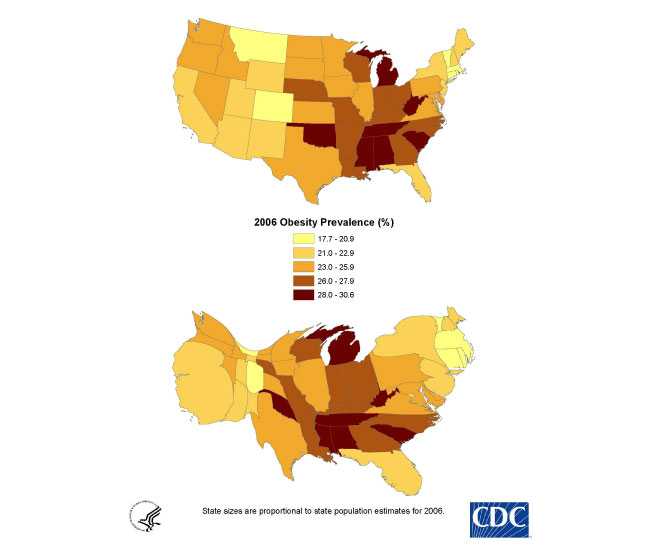 This map was part of an exploratory study that used cartograms and other cartographic techniques to visually communicate the pattern of obesity prevalence. To visually communicate the pattern of obesity prevalence.