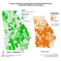 Prevalence of Obesity (2011-2013), by County and Age-Adjusted Diabetes Hospital Discharge Rate (2009-2013), by County, Georgia