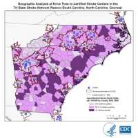 Geographic Analysis of Drive Time to Certified Stroke Centers in the Tri-State Stroke Network Region (South Carolina, North Carolina, Georgia)
