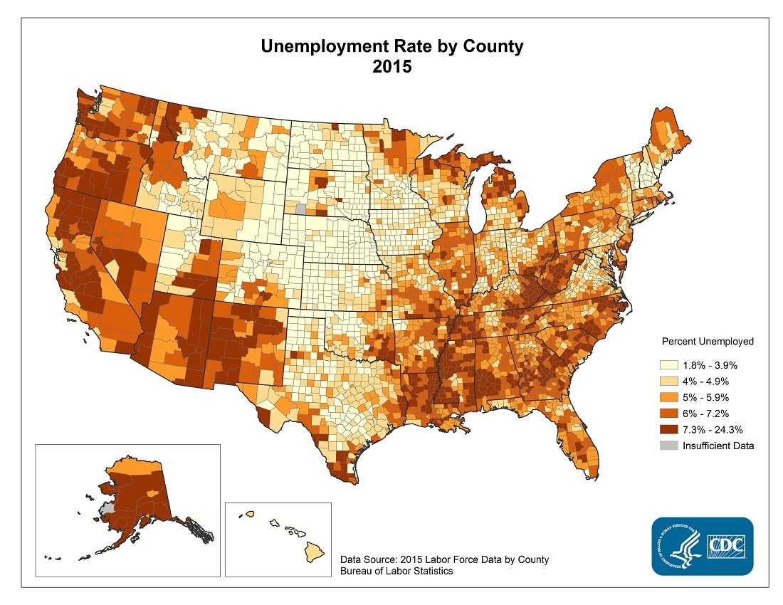 Unemployment Rate by County 2015. Counties with the highest unemployment rates in 2015 were scattered throughout northern Michigan, Alaska, the West Coast, the Mississippi Delta, eastern Kentucky, and rural Georgia and Alabama. The range in the unemployment rate was between 1.8% and 24.3%.