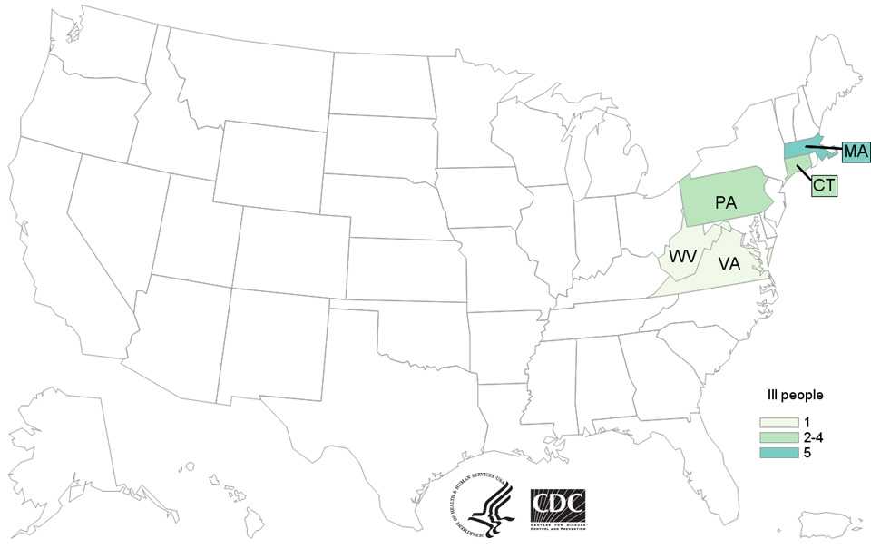 Case Count Map: People infected with the outbreak strain of E. coli O157:H7, by state of residence, as of October 17, 2016