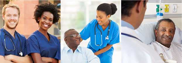 Fotos de un virus de la influenza, hombres y mujeres mayores en centros de cuidado a largo plazo y profesionales de la salud como enfermeros y médicos.