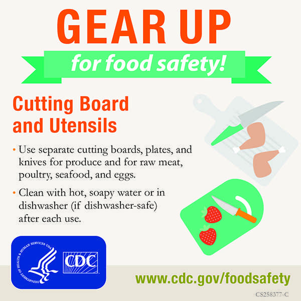 Use separate cutting boards, plates, and knives for produce and for raw meat, poultry, seafood, and eggs. Clean with hot, soapy water or in dishwasher (if dishwasher-safe) after each use.