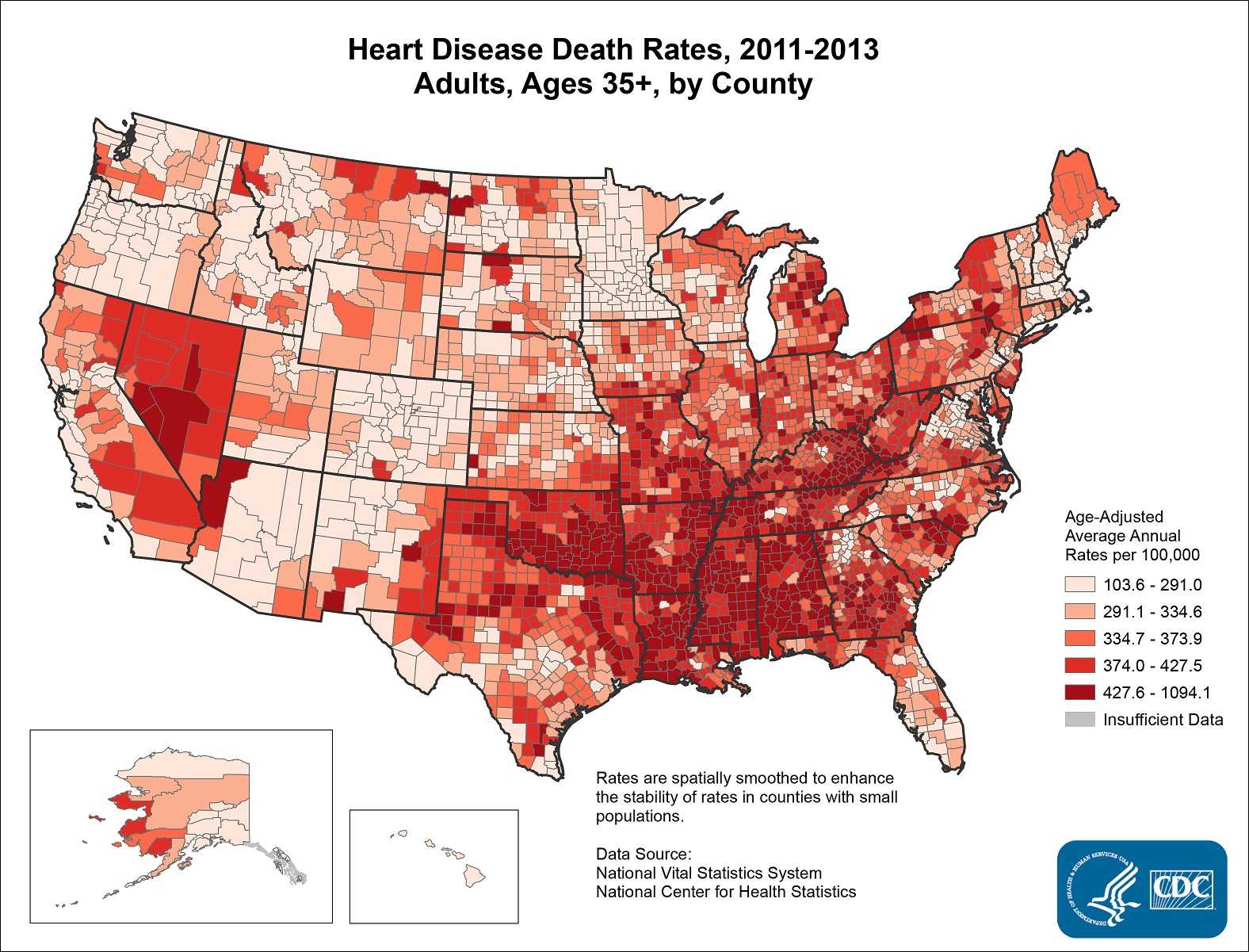 The map shows that concentrations of counties with the highest heart disease death rates - meaning the top quintile - are located primarily in Mississippi, Oklahoma, Louisiana, Arkansas, and Alabama. Pockets of high-rate counties were also found in Georgia, Kentucky, Tennessee, Missouri, and Nevada.