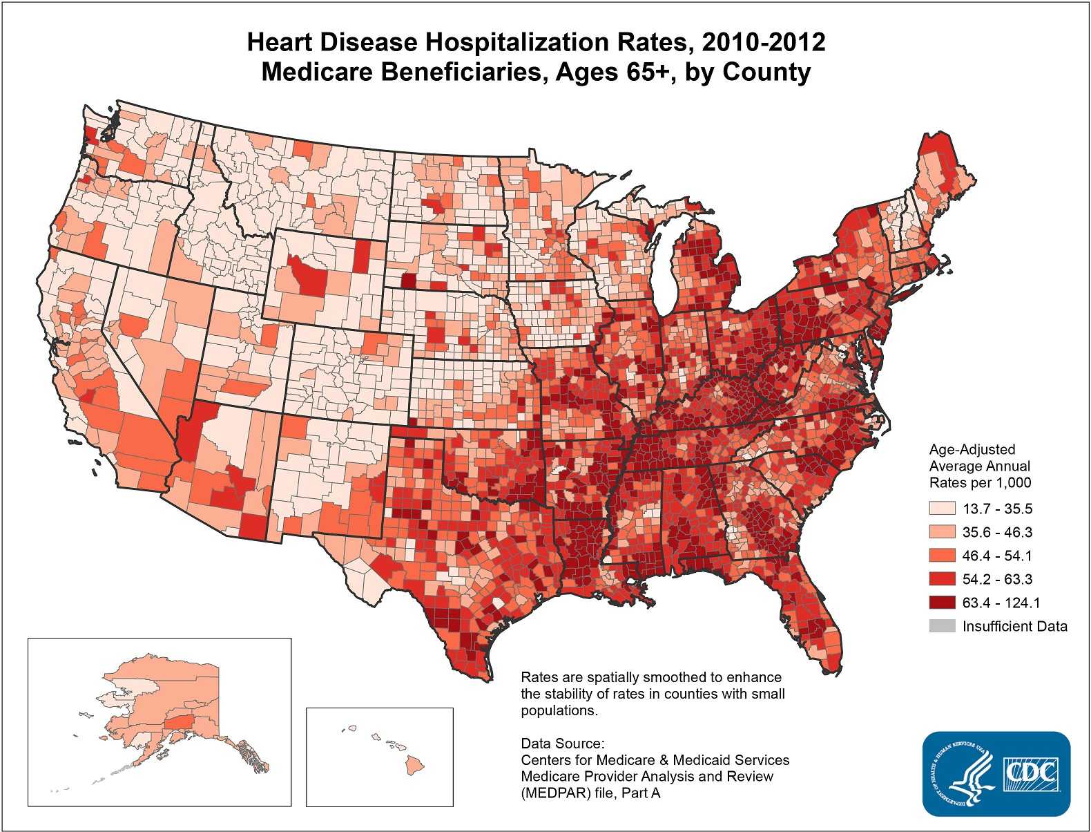 The map shows that concentrations of counties with the highest heart disease hospitalization rates - meaning the top quintile - are located primarily in Louisiana, Kentucky, West Virginia, Pennsylvania, and Tennessee. Pockets of high-rate counties also were found in Alabama, Georgia, North Carolina, Mississippi, Arkansas, Missouri, Texas, and Michigan.