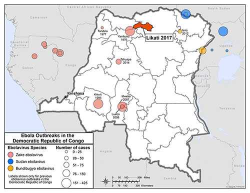 map showing Ebola Outbreaks in the Democratic Republic of Congo. Largest outbreak in Likati health zone during May 2017.