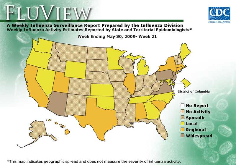 FluView, Week Ending May 30, 2009. Weekly Influenza Surveillance Report Prepared by the Influenza Division. Weekly Influenza Activity Estimate Reported by State and Territorial Epidemiologists. Select this link for more detailed data.
