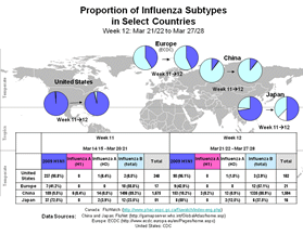 This picture depicts a map of the world that shows the co-circulation of 2009 H1N1 flu and seasonal influenza viruses. The United States, Europe, Japan and China are depicted. There is a pie chart for each that shows the proportion of laboratory-confirmed influenza cases that have tested positive for either 2009 H1N1 flu or other influenza subtypes. The majority of laboratory-confirmed influenza cases reported in the United States, Europe, and Japan have been 2009 H1N1 flu.
