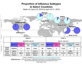 This picture depicts a map of the world that shows the co-circulation of 2009 H1N1 flu and seasonal influenza viruses. The United States, Europe, Thailand and China are depicted. There is a pie chart for each that shows the proportion of laboratory-confirmed influenza cases that have tested positive for either 2009 H1N1 flu or other influenza subtypes. The majority of laboratory-confirmed influenza cases reported in the United States and Thailand have been 2009 H1N1 flu.