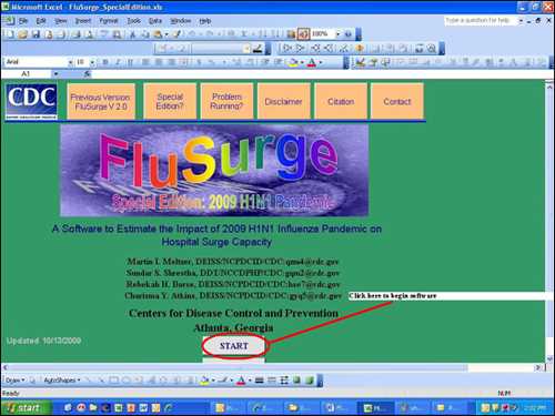 Displays the opening page of the FluSurge Special Edition software. You must select the START command to begin using the software.