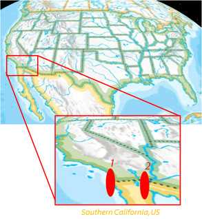 Image of a United States map with a red box drawn around the area of southern California. Red lines drawn from the red box to another larger red box indicate the area is being shown in greater detail in the second box. Inside the second box, there are two red dots numbered 1 and 2, indicating the two locations in southern California where novel swine influenza was initially detected.