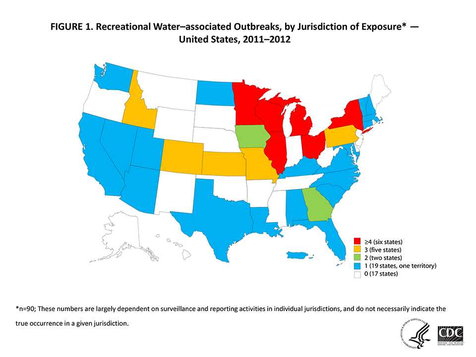 State map showing recreational water-associated outbreaks by jurisdiction of exposure from 2011-2012