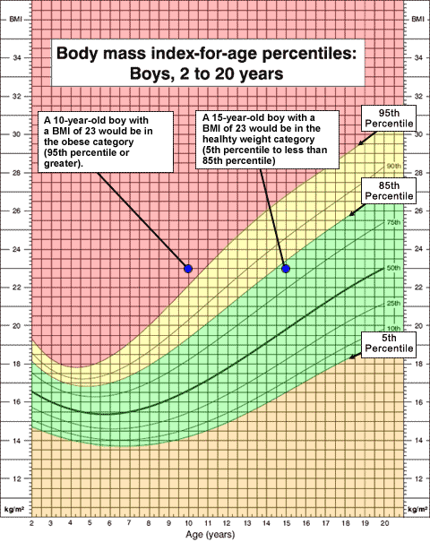 Growth chart example showing differing percentiles for same BMI.