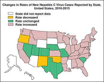 Changes in Rates of New Hepatitis C Virus Cases Reported by State, United States, 2010-2013