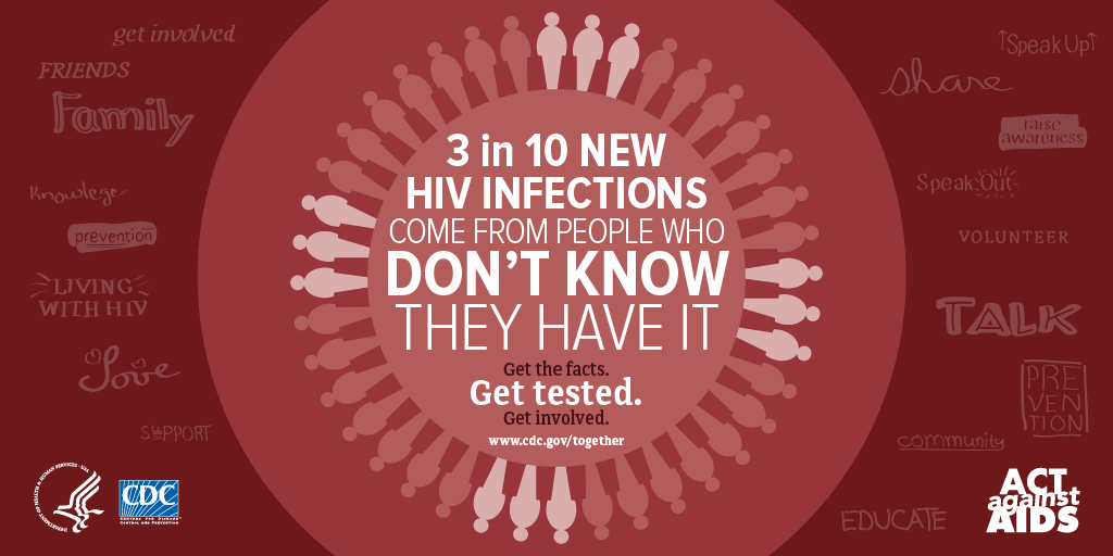 3 in 10 new HIV infections come from people who don't know they have it. Get the facts. Get tested. Get involved. www.cdc.gov/together