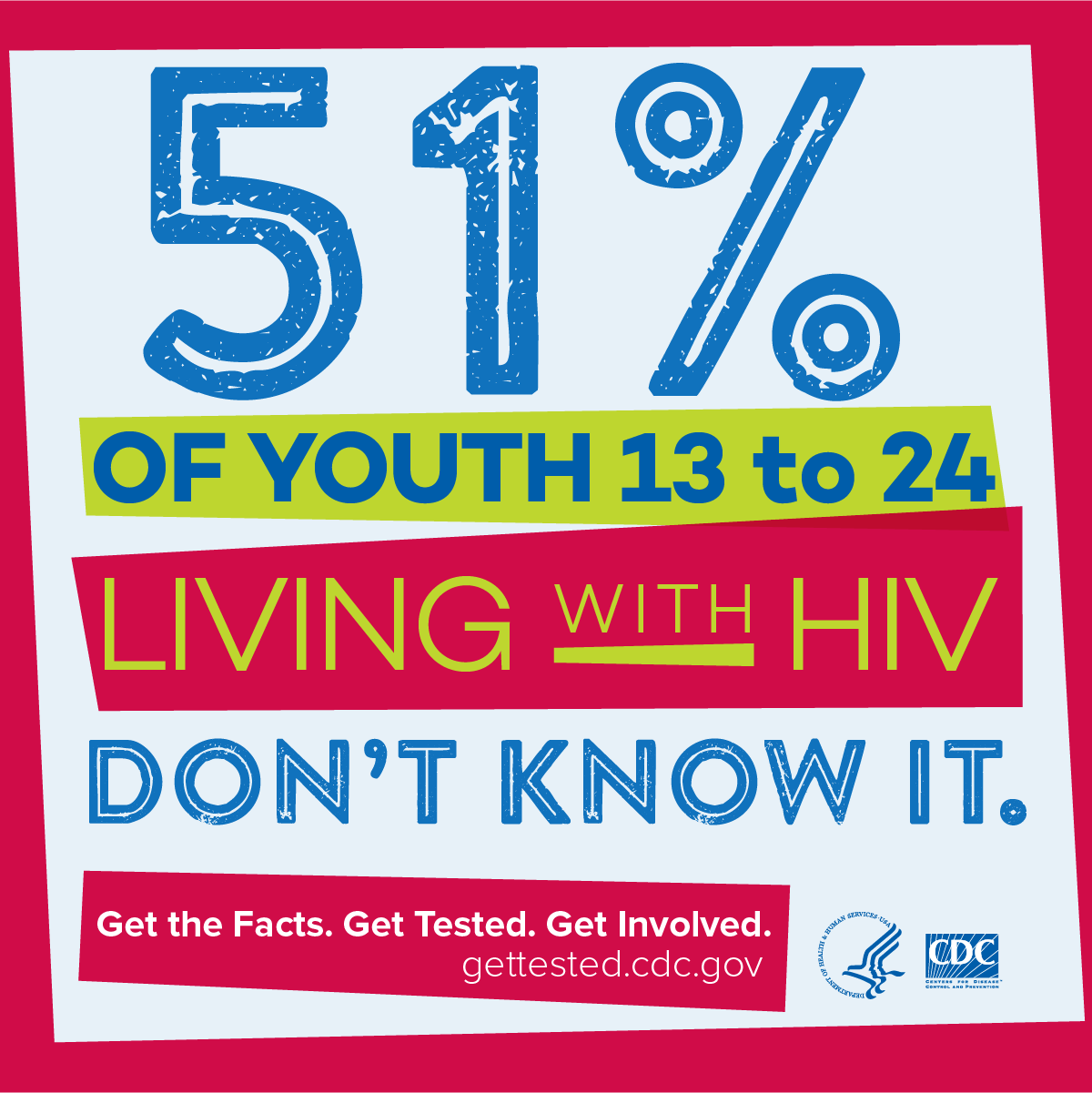 This infographic provides statistical data about youth living with HIV. 51% of youth, 13 to 24, are living with HIV and don’t know it.