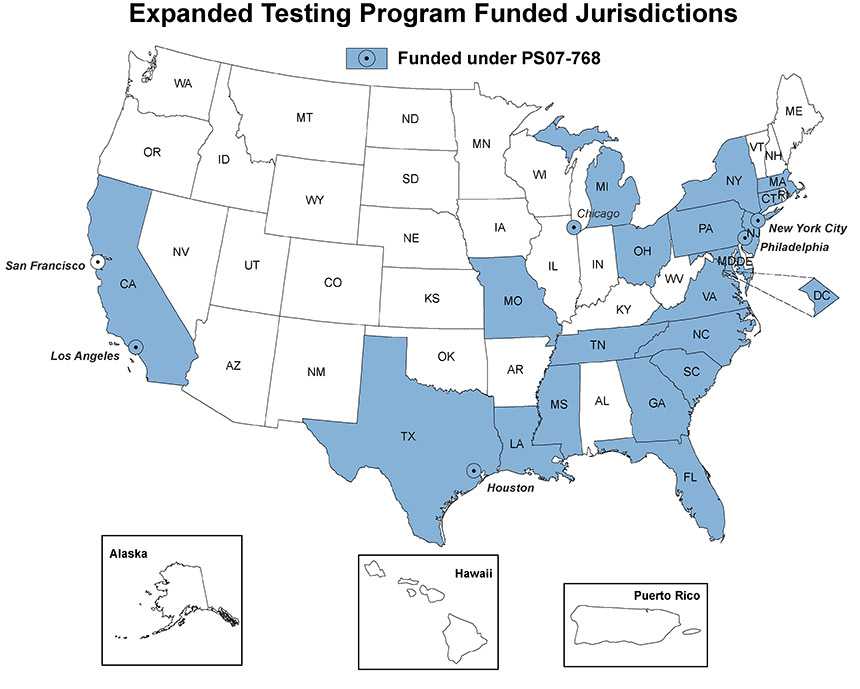 Map of the United States shows the 25 jurisdictions that are funded under PS07-768. The funded areas include: Los Angeles; California (except San Francisco); Houston; Texas; Louisiana; Missouri; Mississippi; Tennessee; Georgia; Florida; South Carolina; North Carolina; Virginia; Maryland; District of Columbia; Delaware; Chicago; Michigan; Ohio; Philadelphia; Pennsylvania; New York City; New York; Massachusetts; and Connecticut.  