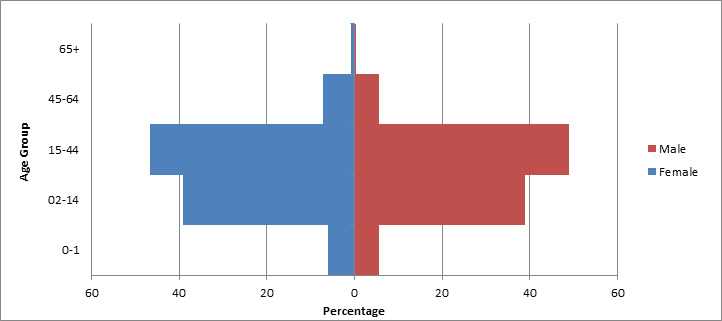 Age distribution for Congolese refugees originating from refugee camps in Burundi, Rwanda, Tanzania, and Uganda, 2008–2012
