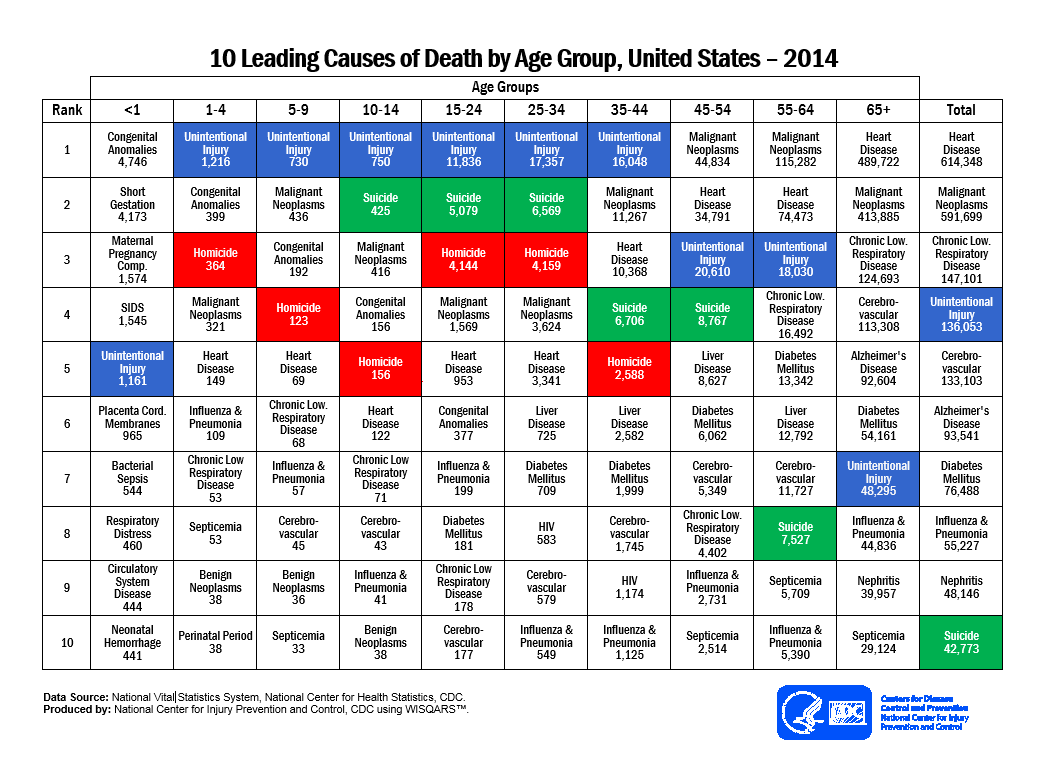10 Leading Causes of Death by Age Group, United States - 2014