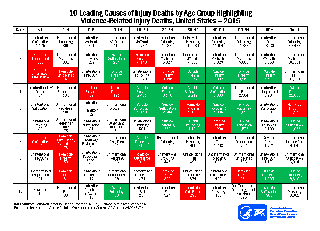 10 Leading Causes of Injury Deaths by Age Group Highlighting Violence-Related Injury Deaths, United States - 2013