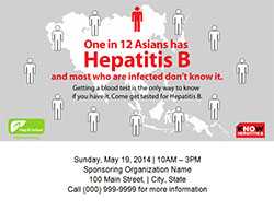 Outline map of asia with 12 human figures encircling it. One of the 12 figures is a different color than the rest. Text reads, 'One in 12 Asians has Hepatitis B and most who are infected don't know it. Getting a blood test is the only way to know if you have it. Come get tested for Hepatitis B.' A logo for Hep B United is in the lower left corner. A logo for the Know Hepatitis B campaign is in the lower right corner.