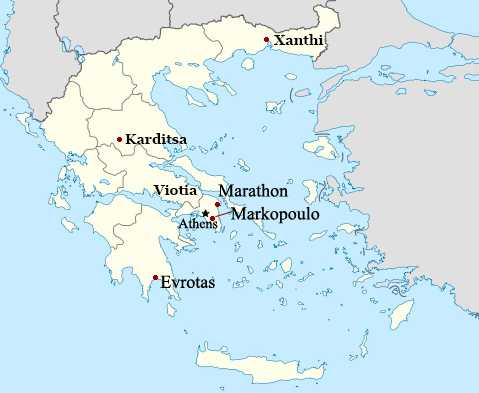 A map of Greece showing the locations of Athens, Evrotas, Karditsa, Markopoulo, Marathon, Viotia region, and Xanthi.